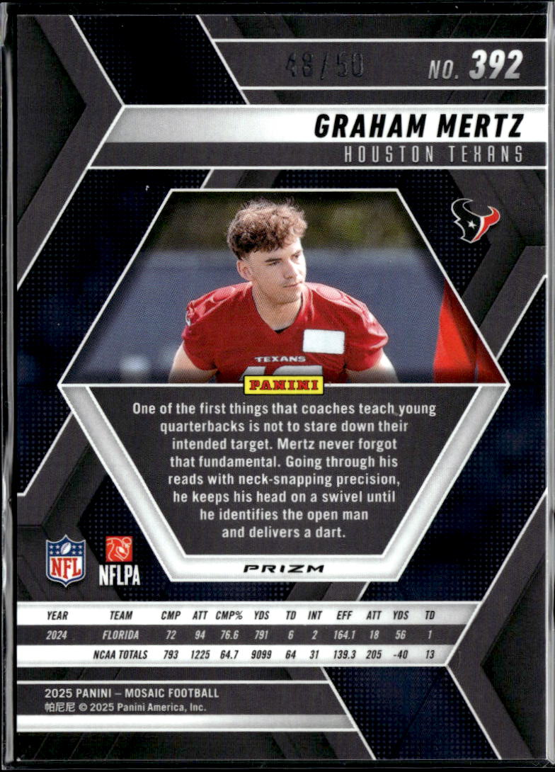 Graham Mertz 2025 Mosaic Purple Disco Prizm Rookie RC 48/50 Houston Texans