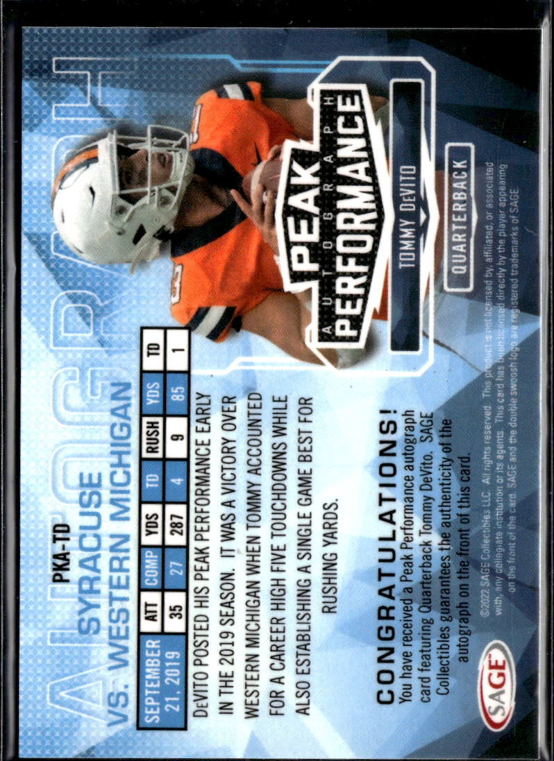 Tommy DeVito 2022 SAGE Peak Performance Auto Autograph Rookie Syracuse Orange
