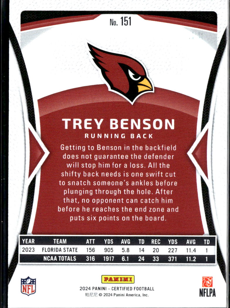 Trey Benson 2024 Certified Teal Rookie RC 17/50 Arizona Cardinals