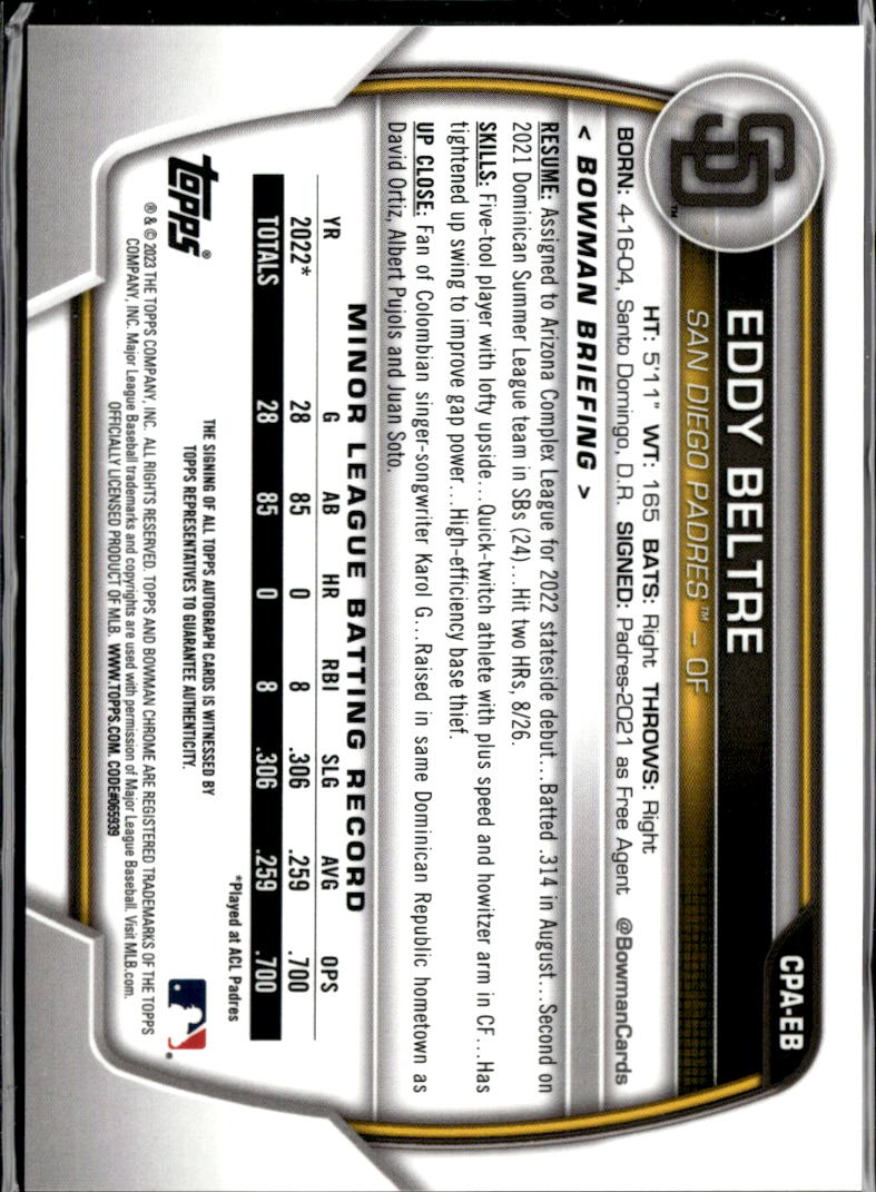 Eddy Beltre 2023 Bowman Chrome. Auto Orange Refractor /26 San Diego Padres