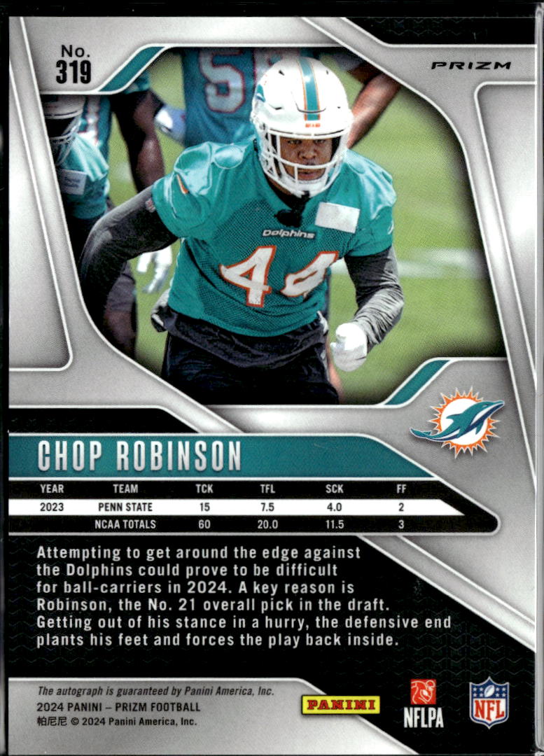Chop Robinson 2024 Prizm Auto Autograph Silver Rookie RC Miami Dolphins
