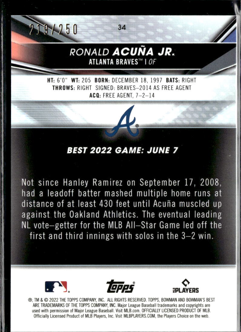 Ronald Acuna Jr. 2022 Bowman's Best Purple Refractor 219/250 Atlanta Braves