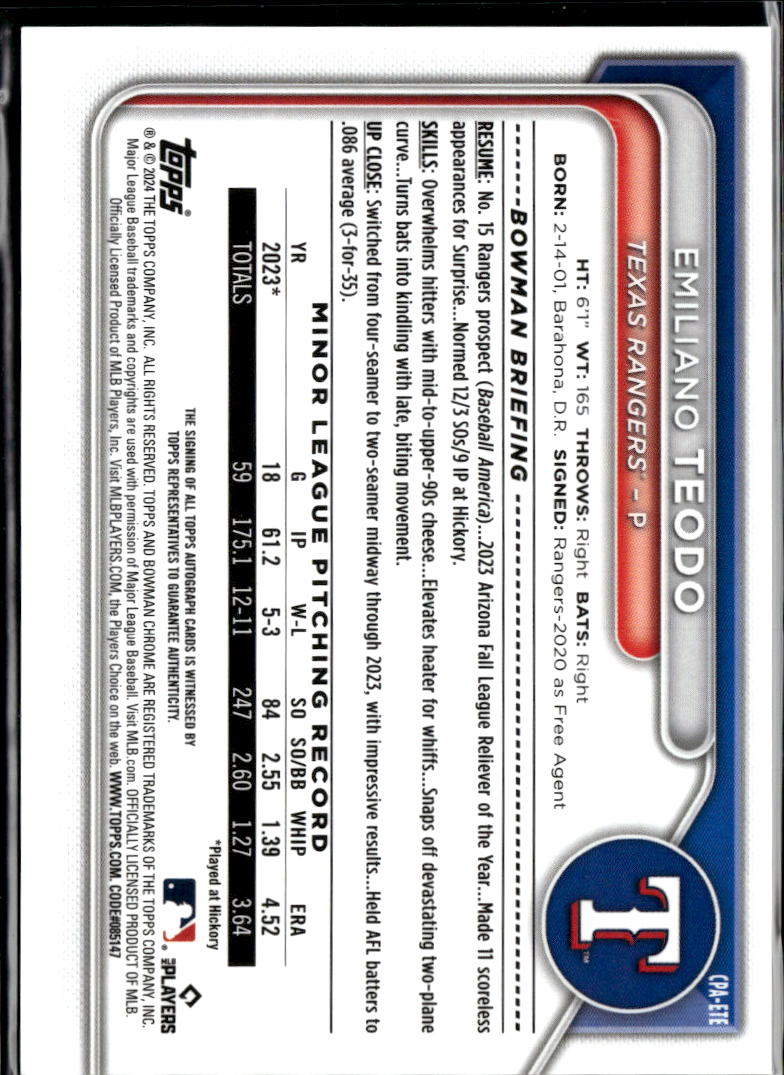 Emiliano Teodo 2024 Bowman Chrome 1st Auto Autograph GOLD 40/50 Texas Rangers