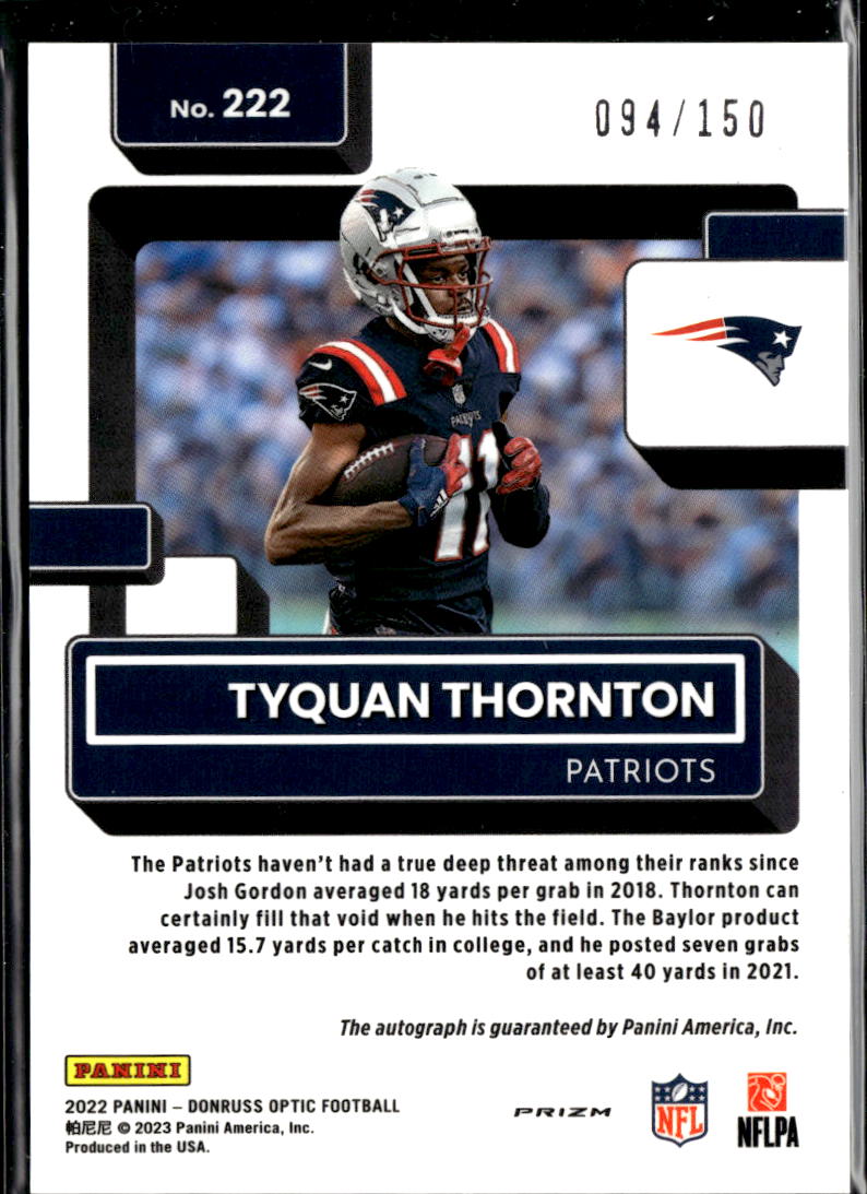 Tyquan Thornton 2023 Optic Rated Rookie Auto Autograph 94/150 Patriots Chiefs