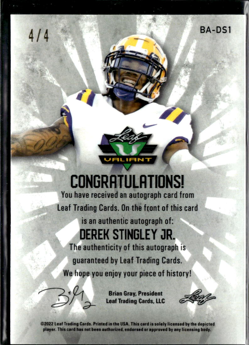 Derek Stingley Jr. 2022 Leaf Valiant Auto Autograph RC 4/4 LSU Tigers Texans