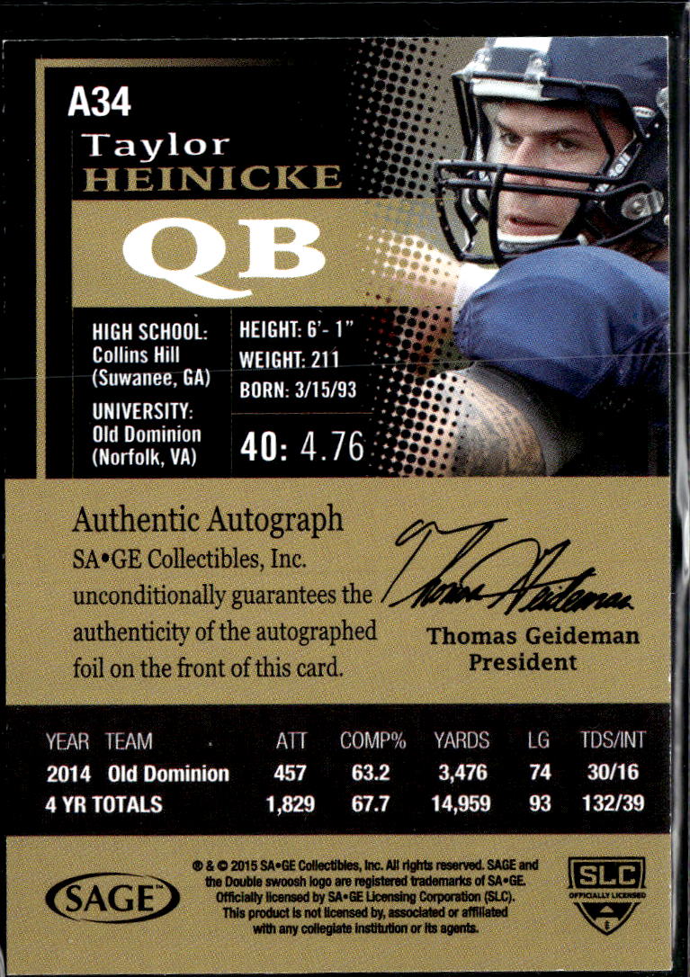 Taylor Heinicke 2015 SAGE HIT Auto Autograph Rookie RC Old Dominion Monarchs