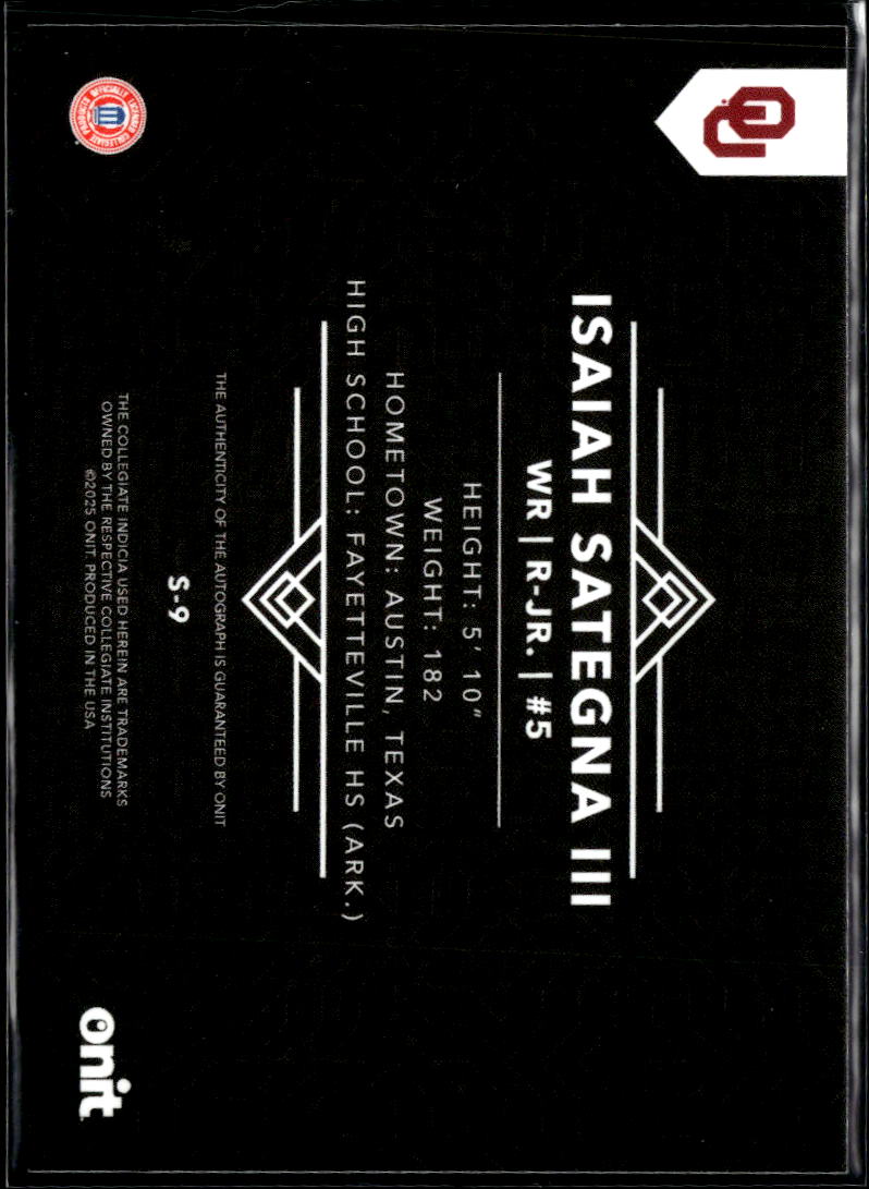 Isaiah Sategna III 2025 ONIT Black Auto Autograph 88/99 Arkansas Sooners