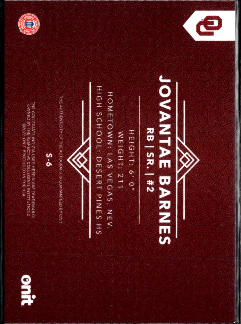 Jovantae Barnes 2025 ONIT Black Auto Autograph 12/49 Oklahoma Sooners