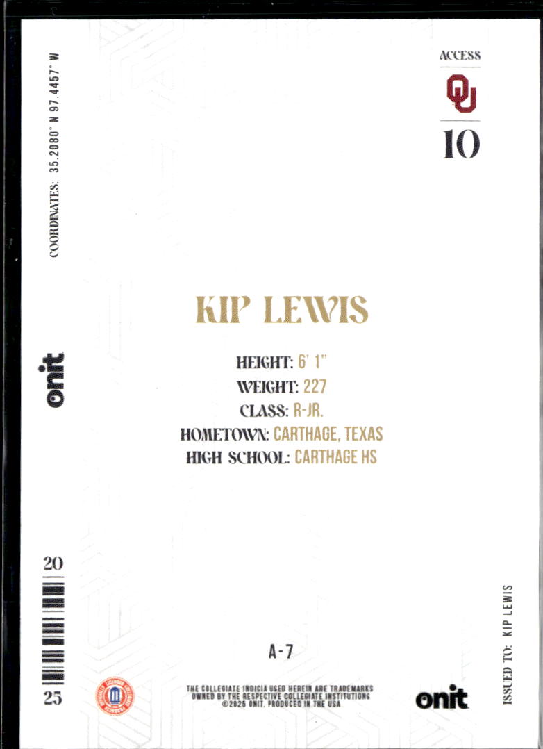 Kip Lewis 2025 Onit Black Access Rookie RC SSP Oklahoma Sooners