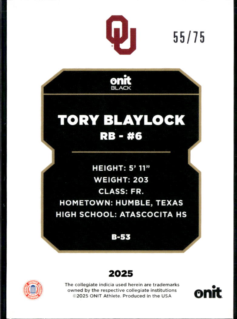 Tory Blaylock 2025 Onit Black Rookie RC 55/75 Oklahoma Sooners
