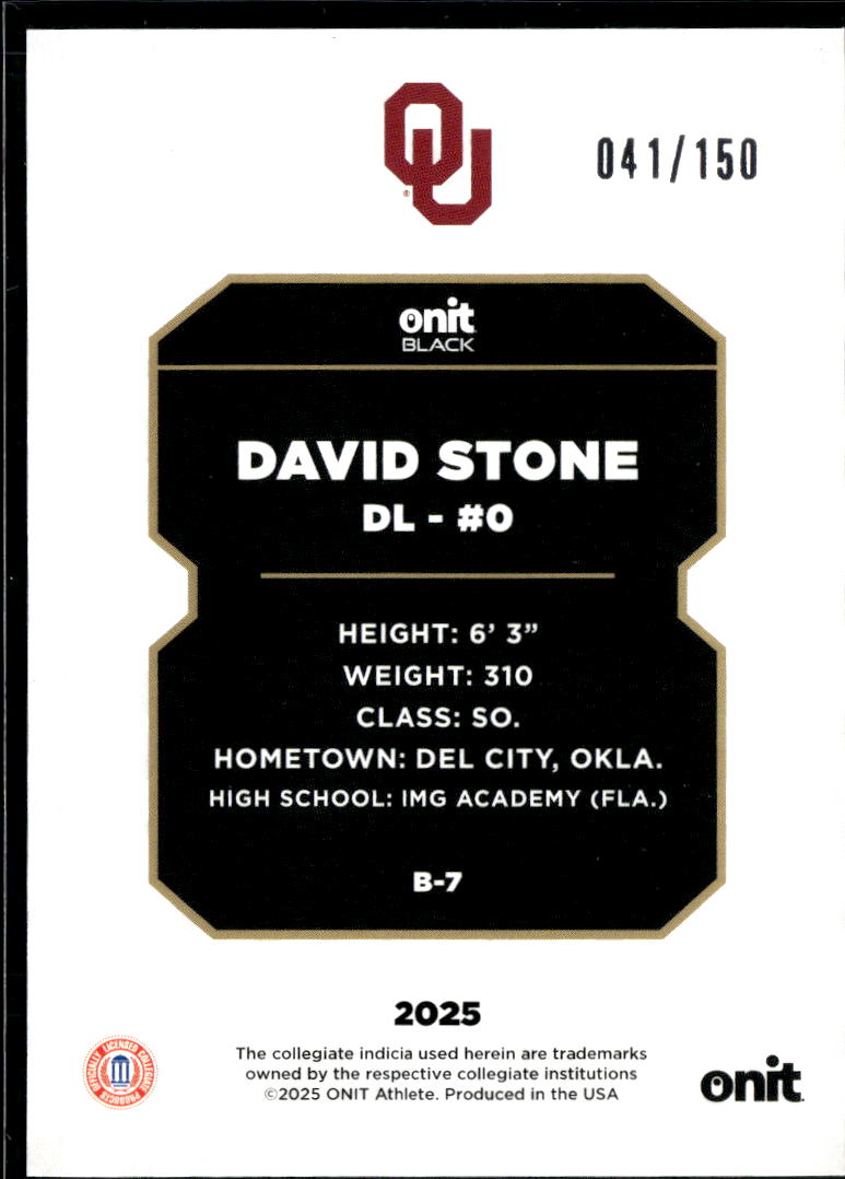 David Stone 2025 Onit Black Rookie RC 41/150 Oklahoma Sooners