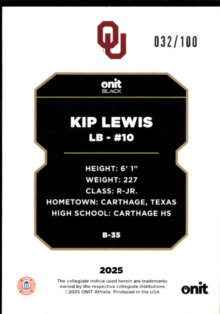 Kip Lewis 2025 Onit Black Rookie RC 32/100 Oklahoma Sooners