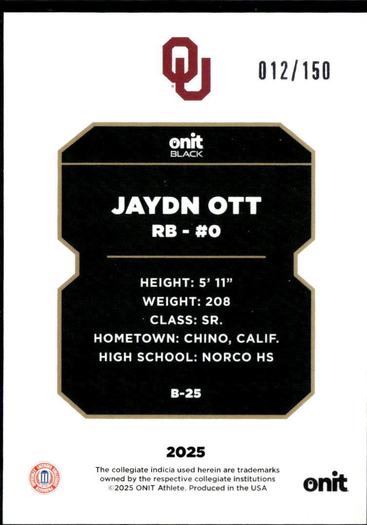 Jaydn Ott 2025 ONIT Black Rookie RC 12/150 Oklahoma Sooners