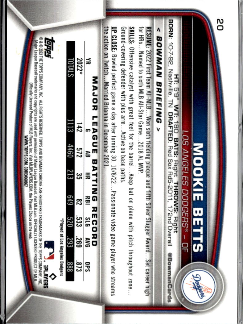 Mookie Betts 2023 Bowman Chrome Purple Mega Box Refractor 132/250 LA Dodgers
