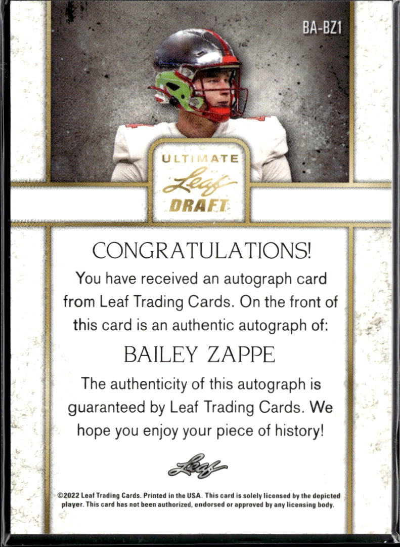 Bailey Zappe 2022 Leaf Ultimate Draft Auto Autograph RC 48/50 Western Kentucky