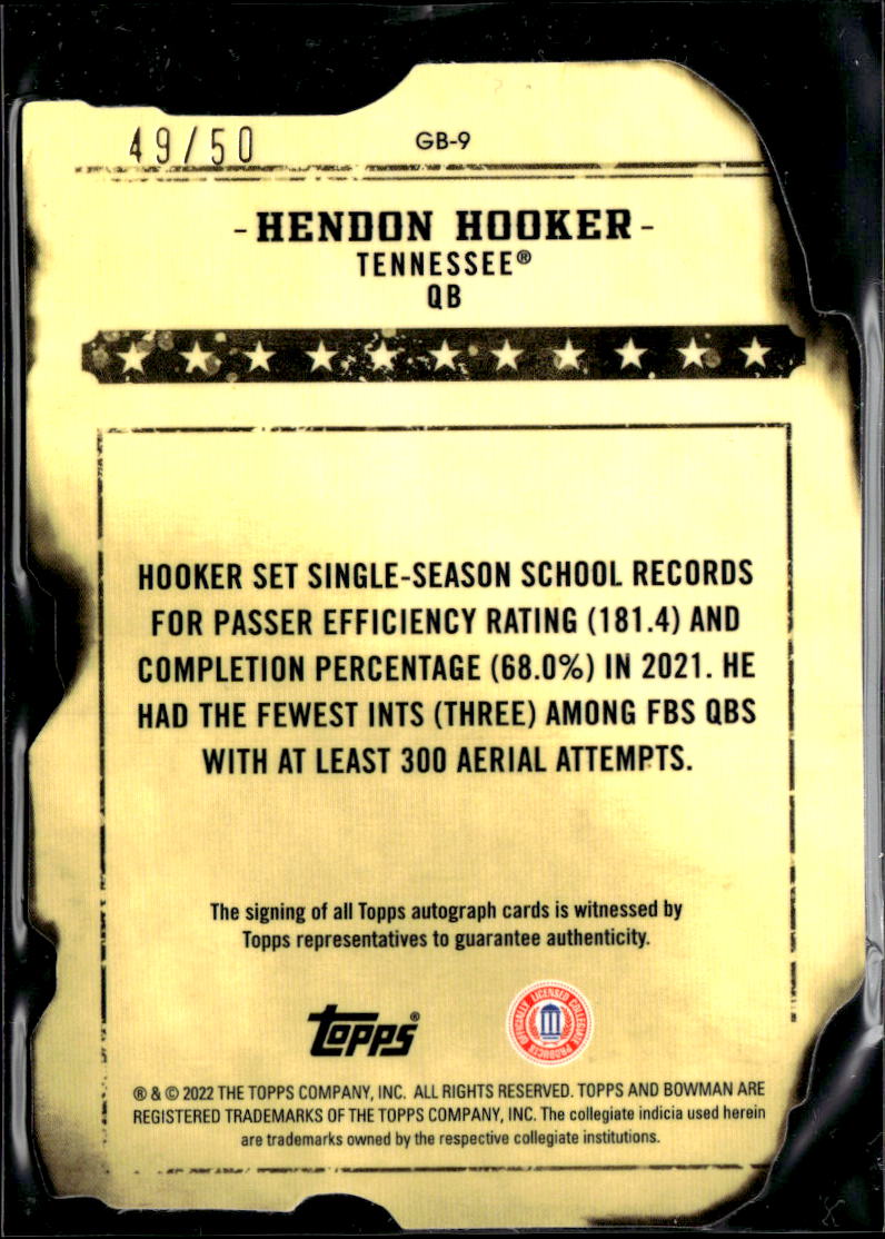 Hendon Hooker 2022 Bowman's Best Auto Autograph RC 49/50 Tennessee Volunteers