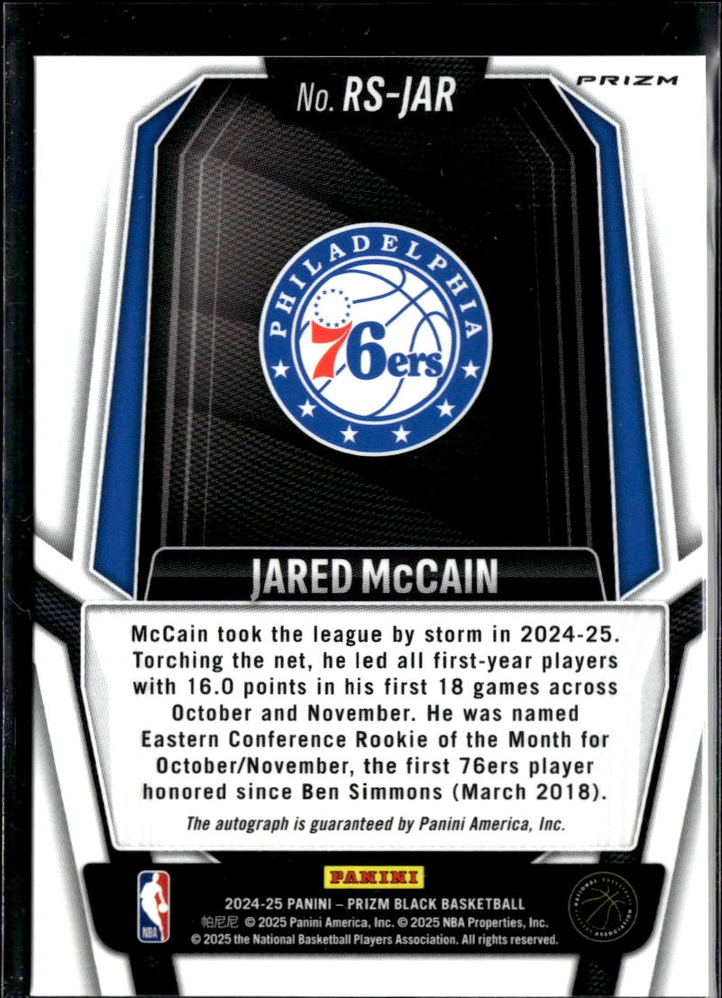 Jared McCain 2024-25 Prizm Black Auto Autograph RC Rookie Philadelphia 76ers