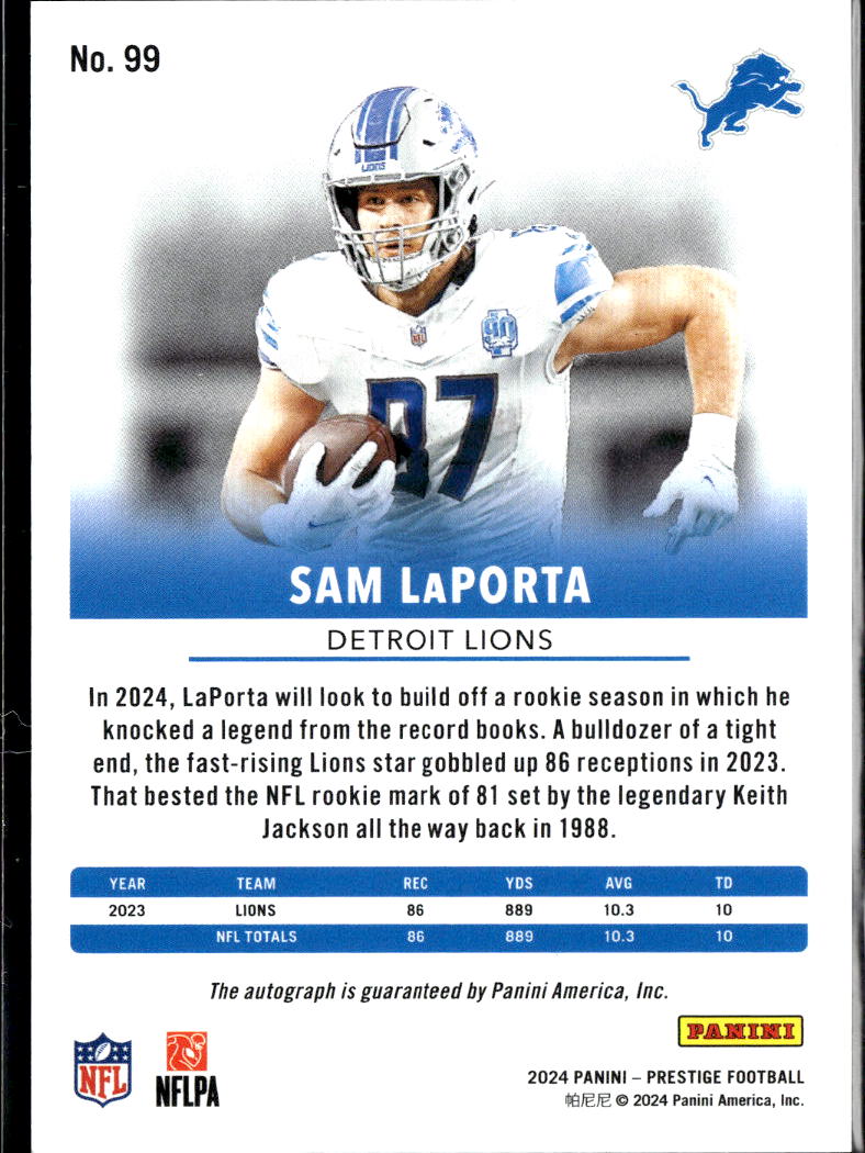 Sam LaPorta 2024 Prestige Auto Autograph Pink 12/25 Detroit Lions