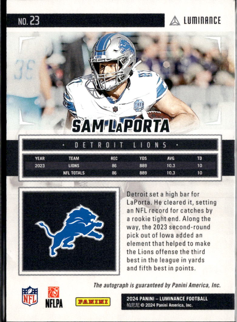 Sam LaPorta 2024 Luminance Auto Autograph 153/300 Detroit Lions