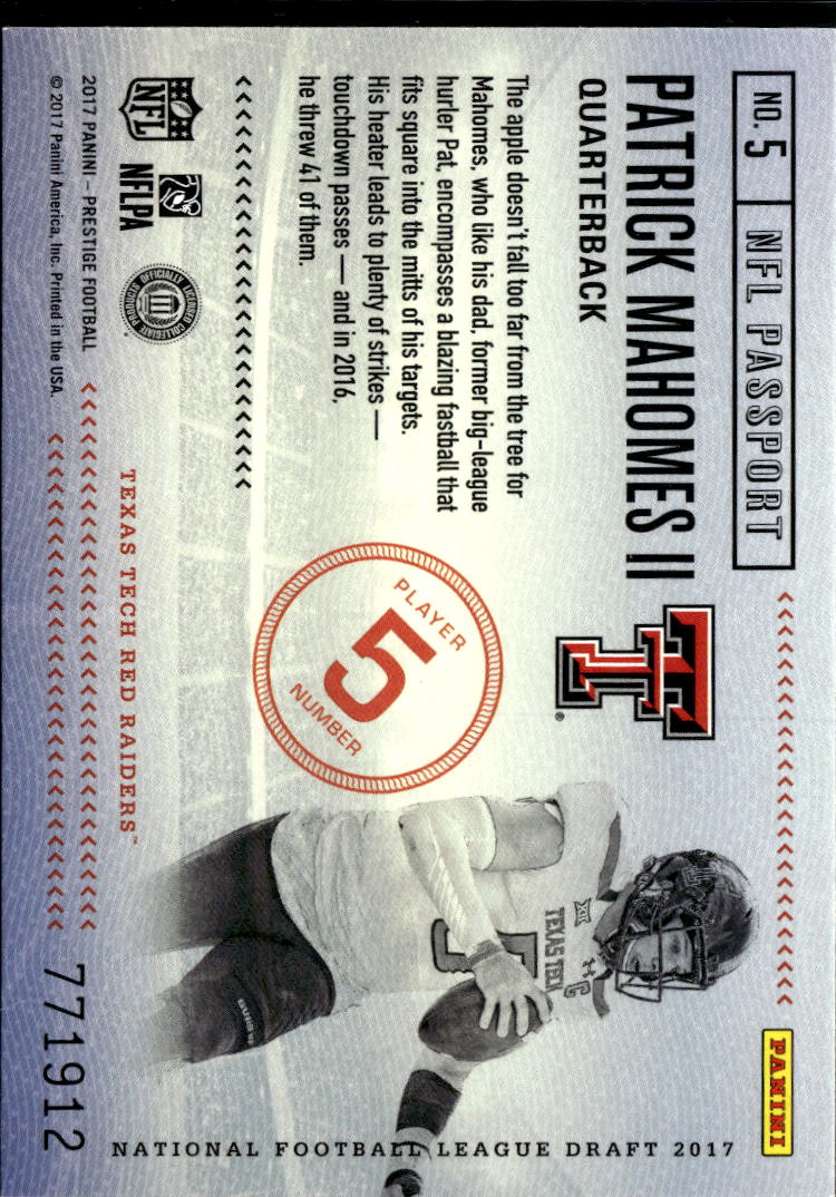 Patrick Mahomes II 2017 Prestige NFL Passport Rookie RC Texas Tech KC Chiefs