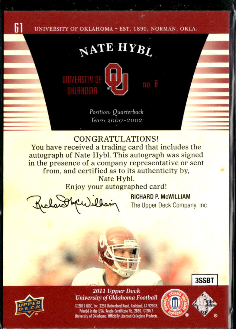 Nate Hybl 2011 Upper Deck University of Oklahoma Sooners Auto Autograph
