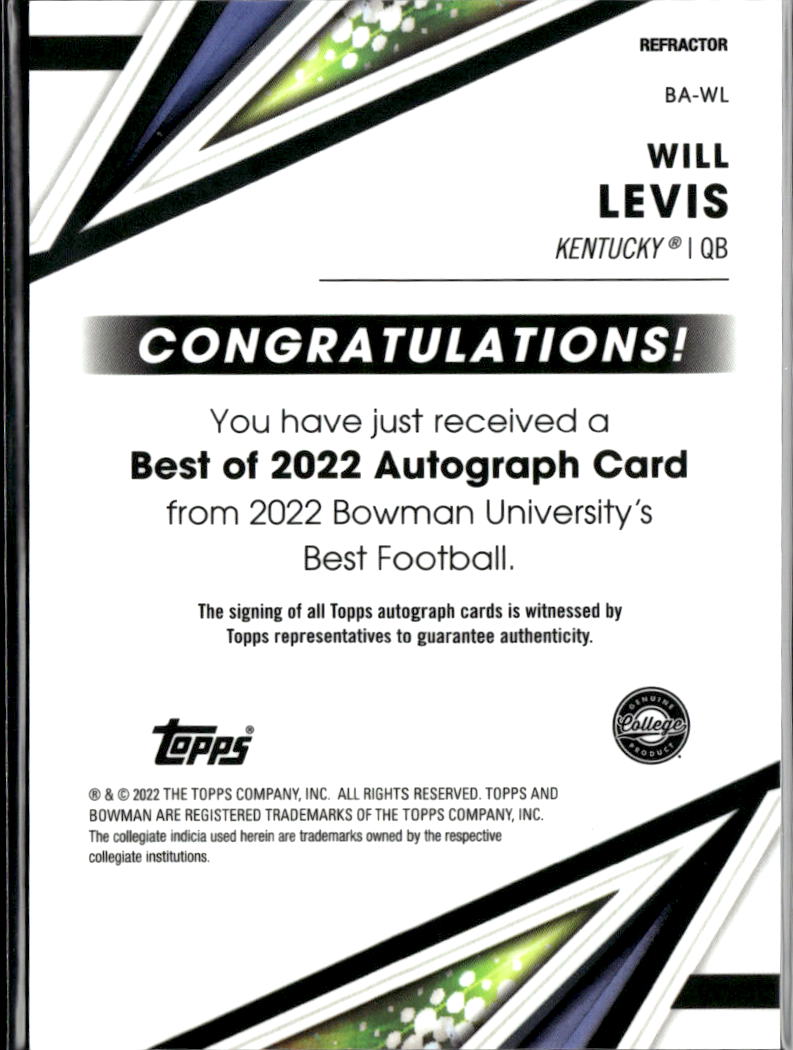 Will Levis 2022 Bowman's Best Auto Autograph Rookie RC Kentucky Titans