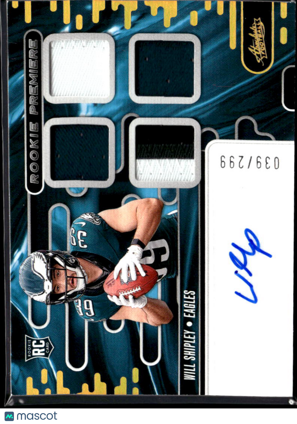 Will Shipley 2024 Football Auto Autograph Patch RC JERSEY NUMBER 39/299 Eagles