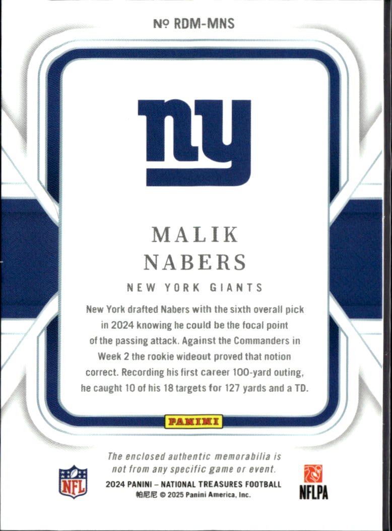 Malik Nabers 2024 National Treasures Jersey Patch RC 78/99 New York Giants