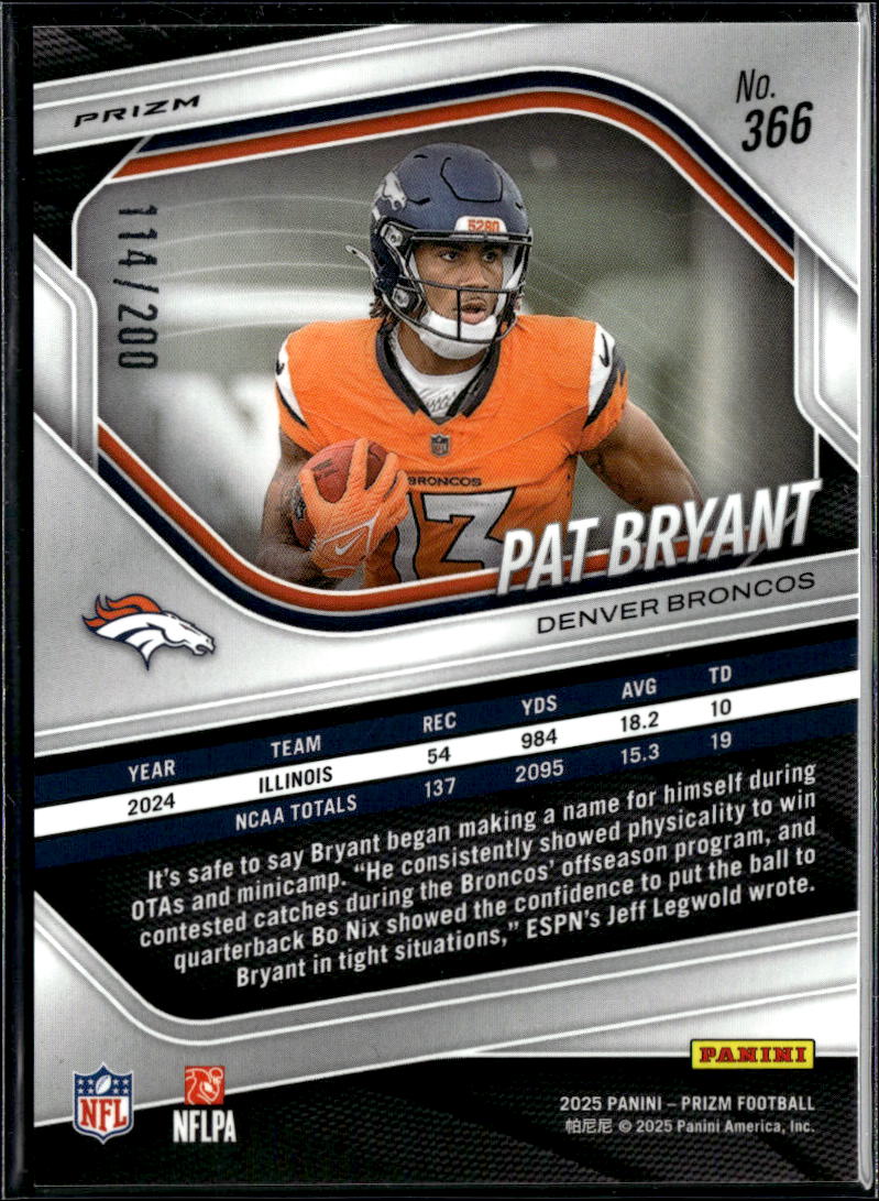 Pat Bryant 2025 Prizm Hyper Prizm Rookie RC 114/200 Denver Broncos