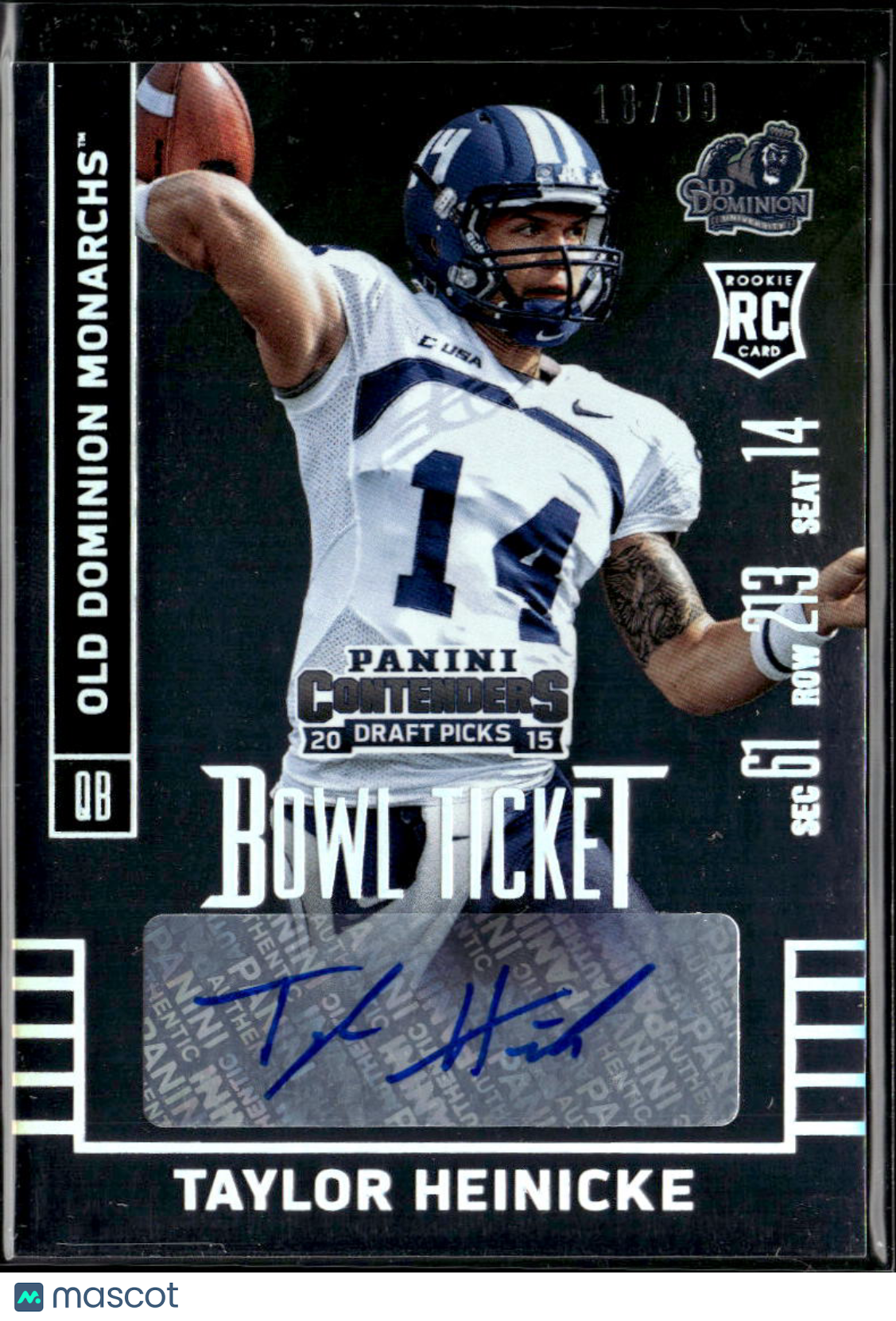 Taylor Heinicke 2015 Contenders Draft Auto Autograph RC 18/99 Old Dominion