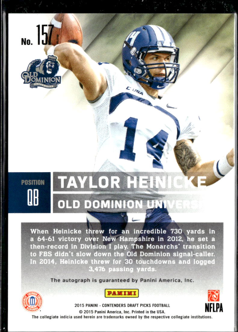 Taylor Heinicke 2015 Contenders Draft Auto Autograph RC 18/99 Old Dominion