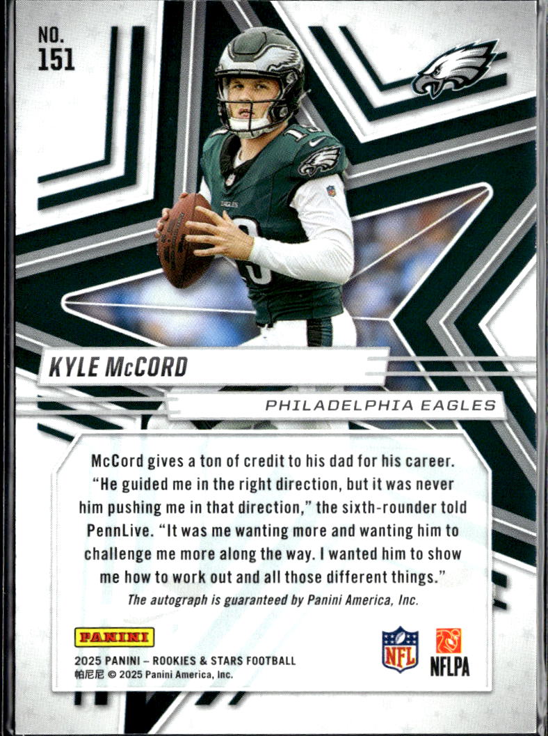 Kyle McCord 2025 Rookies & Stars Auto Autograph RC 78/199 Philadelphia Eagles