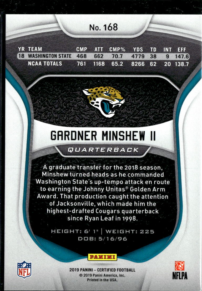 Gardner Minshew II 2019 Certified Red Rookie RC 33/99 Jacksonville Jaguars