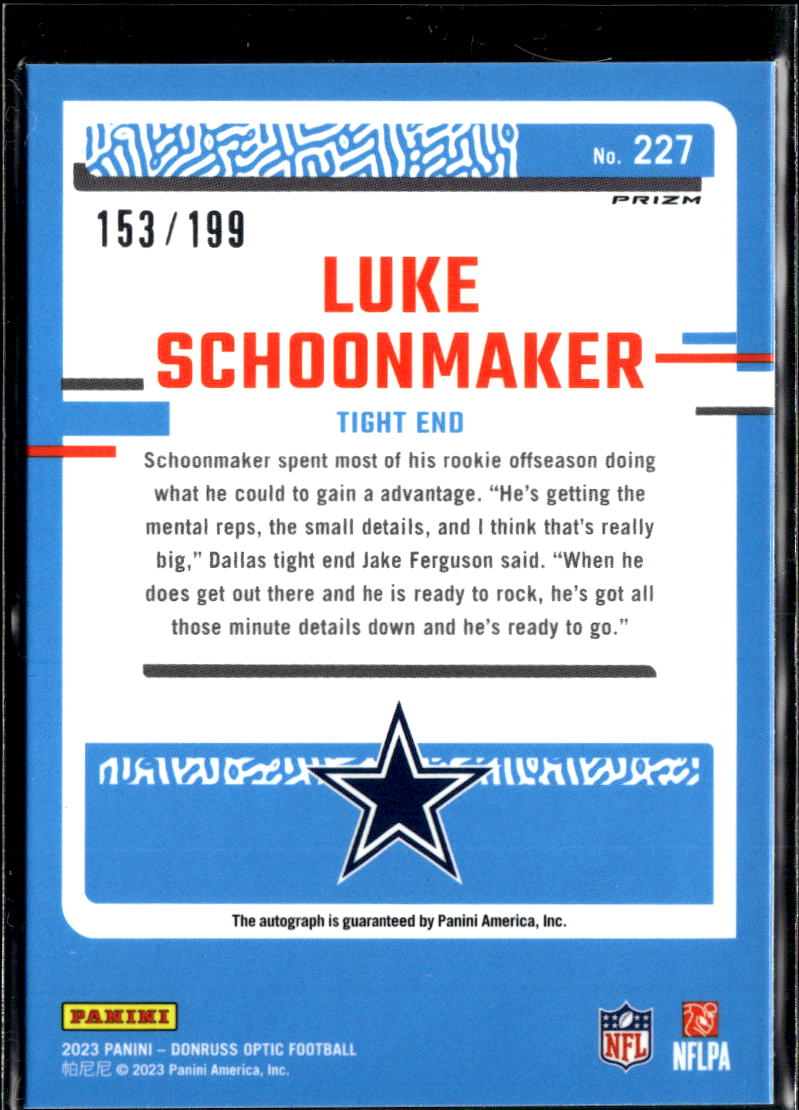 Luke Schoonmaker 2023 Optic Rated Rookie Auto Autograph 153/199 Dallas Cowboys