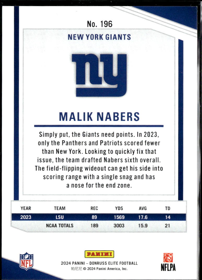 Malik Nabers 2024 Elite Rookie RC 836/999 New York Giants