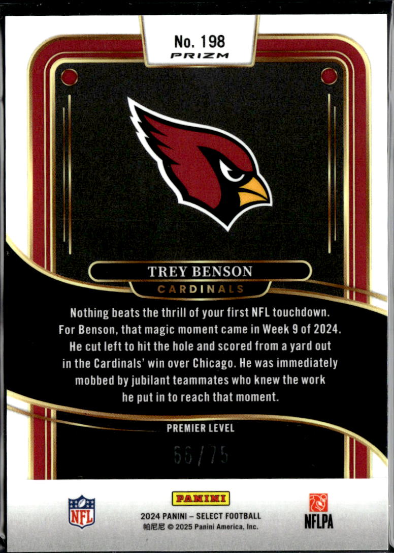 Trey Benson 2025 Select Purple Prizm Rookie RC 66/75 Arizona Cardinals