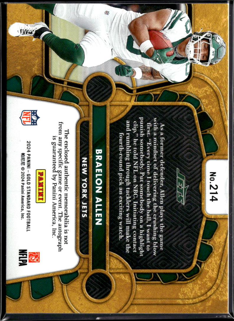 Braelon Allen 2024 Gold Standard Auto Autograph Patch RC /199 New York Jets