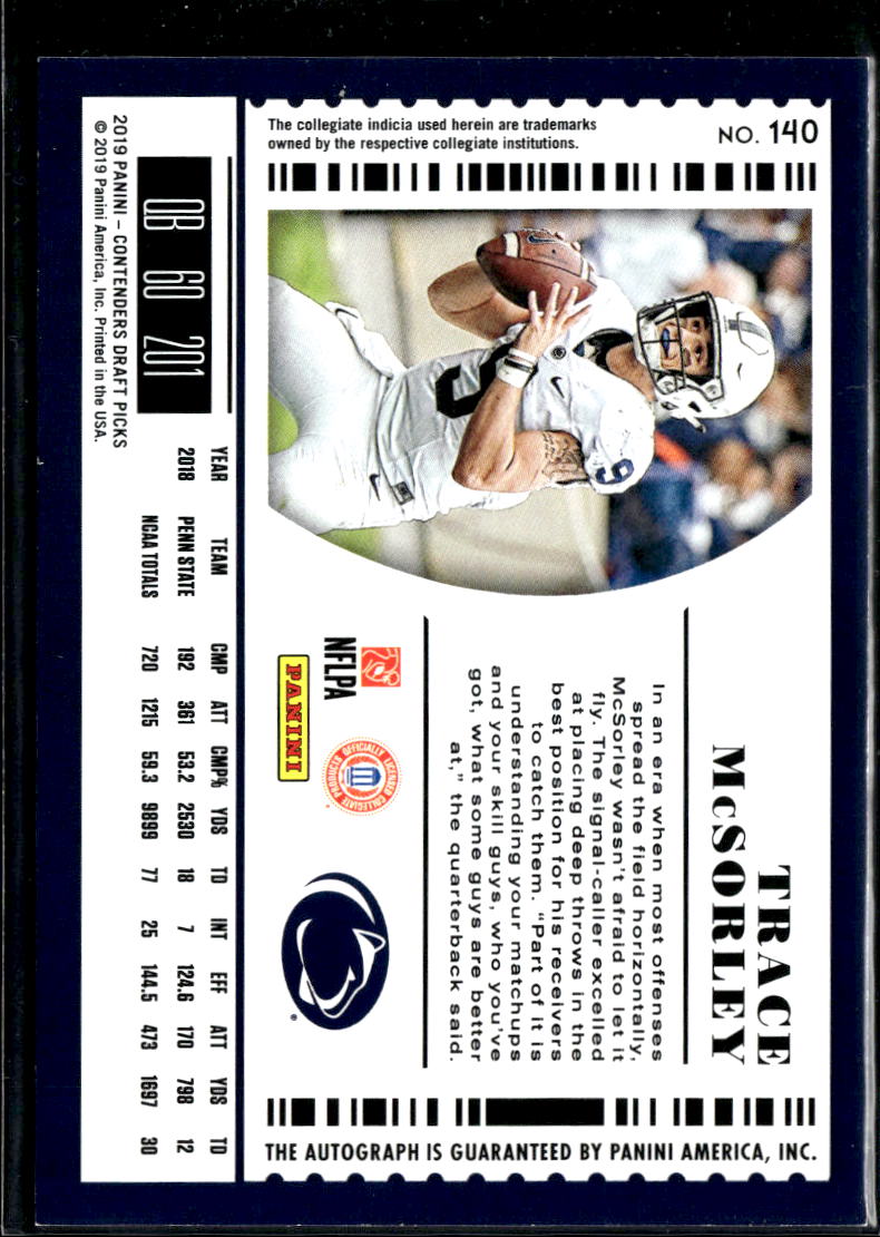 Trace McSorley 2019 Contenders Auto Autograph RC Penn State NRavens
