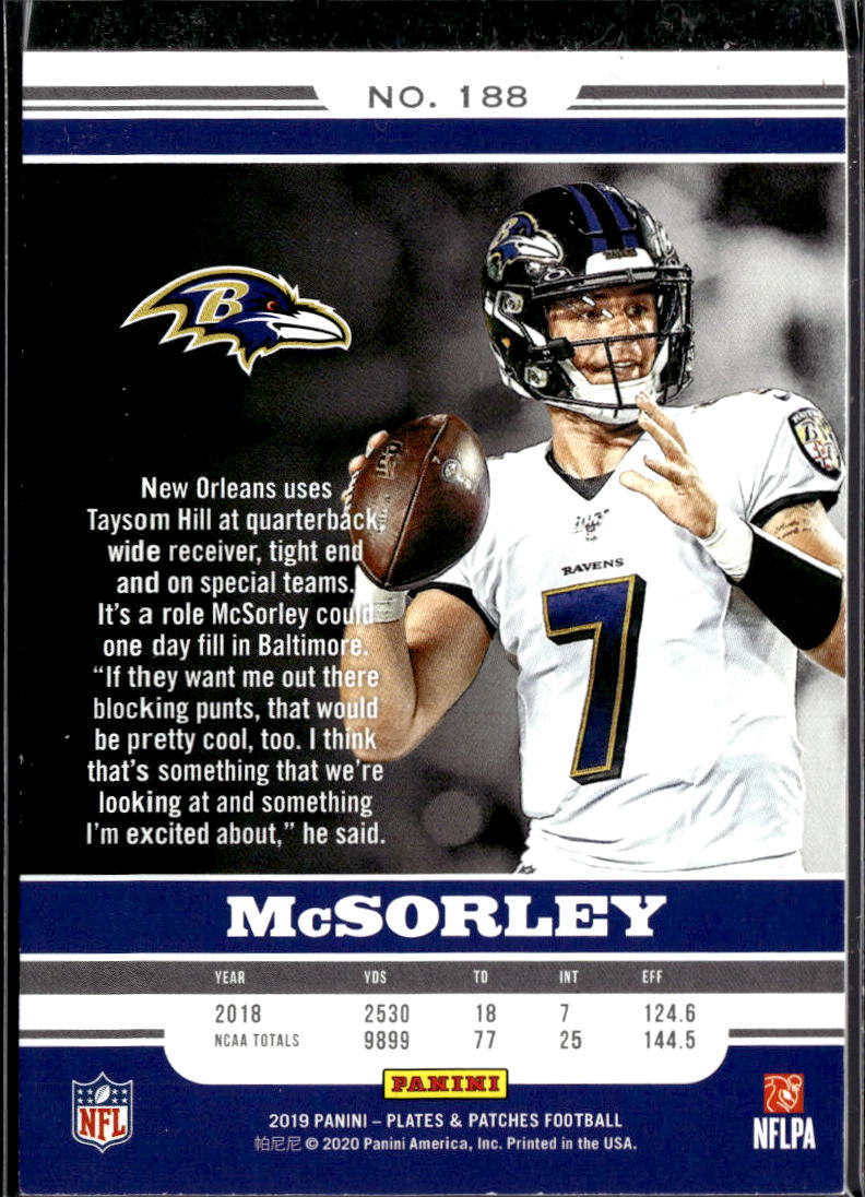 Trace McSorley 2019 Plates & Patches Purple Rookie RC 11/35 Baltimore Ravens