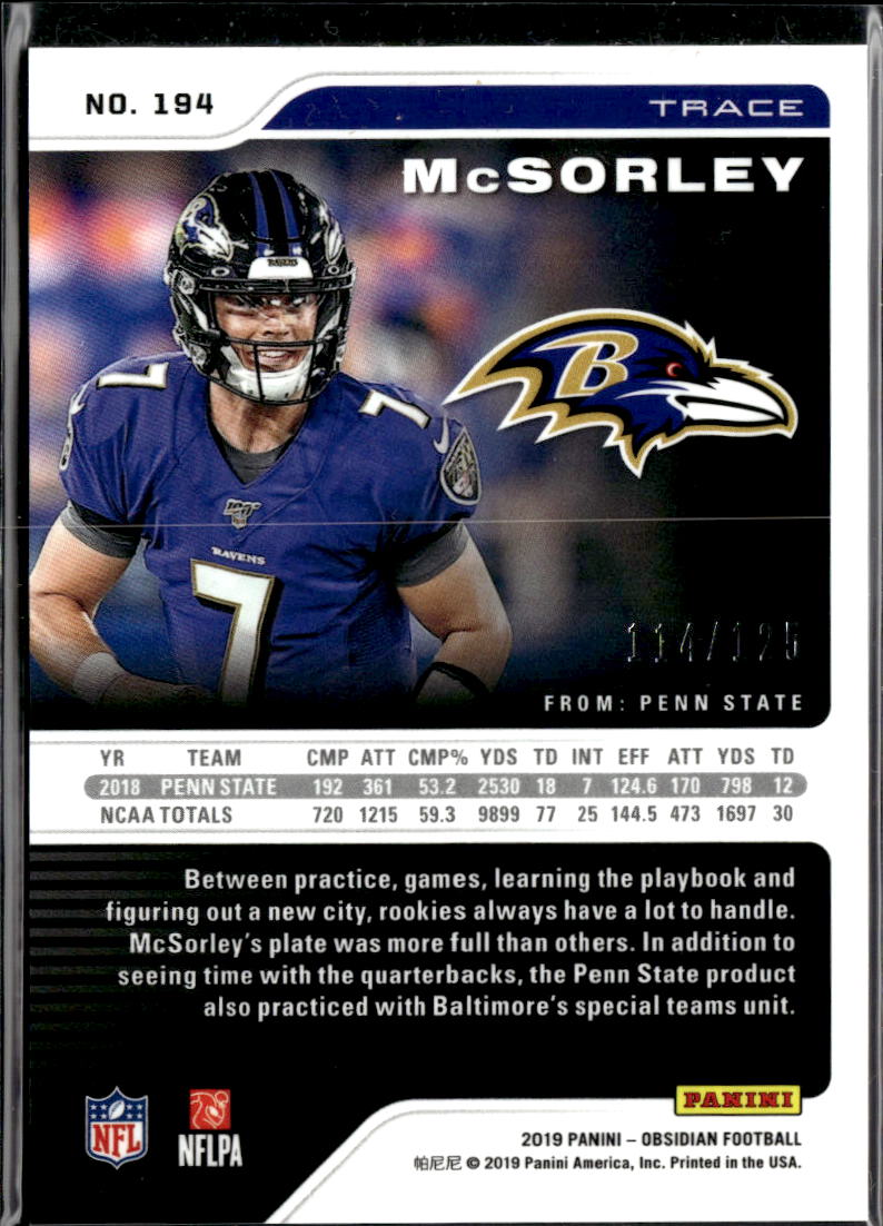 Trace McSorley 2019 Obsidian Rookie RC 114/125 Baltimore Ravens