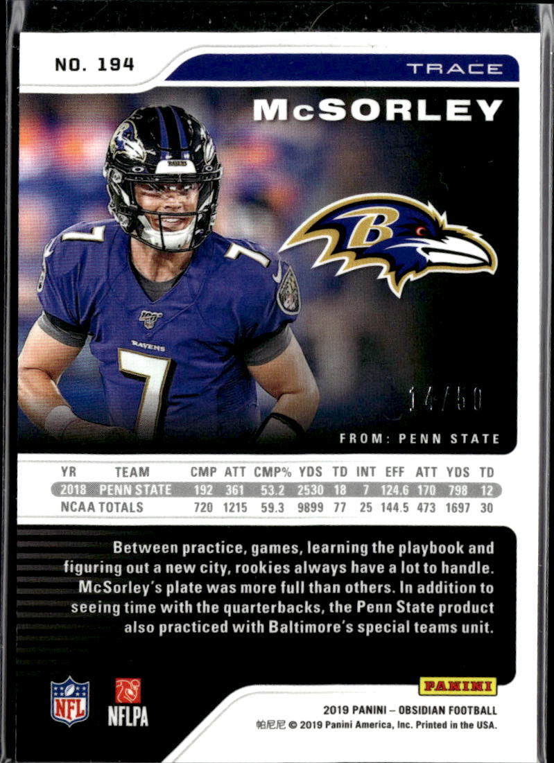 Trace McSorley 2019 Obsidian RC Rookie Orange 14/50 Baltimore Ravens