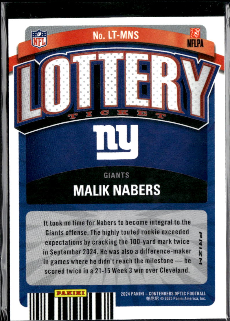 Malik Nabers 2024 Contenders Optic Lottery Ticket RC Rookie New York Giants
