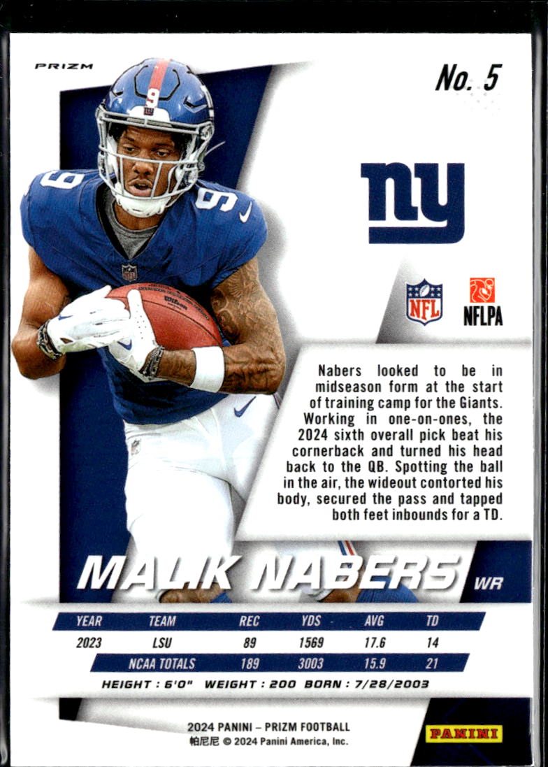 Malik Nabers 2024 Prizm Silver Prizm Flashback Rookie RC New York Giants
