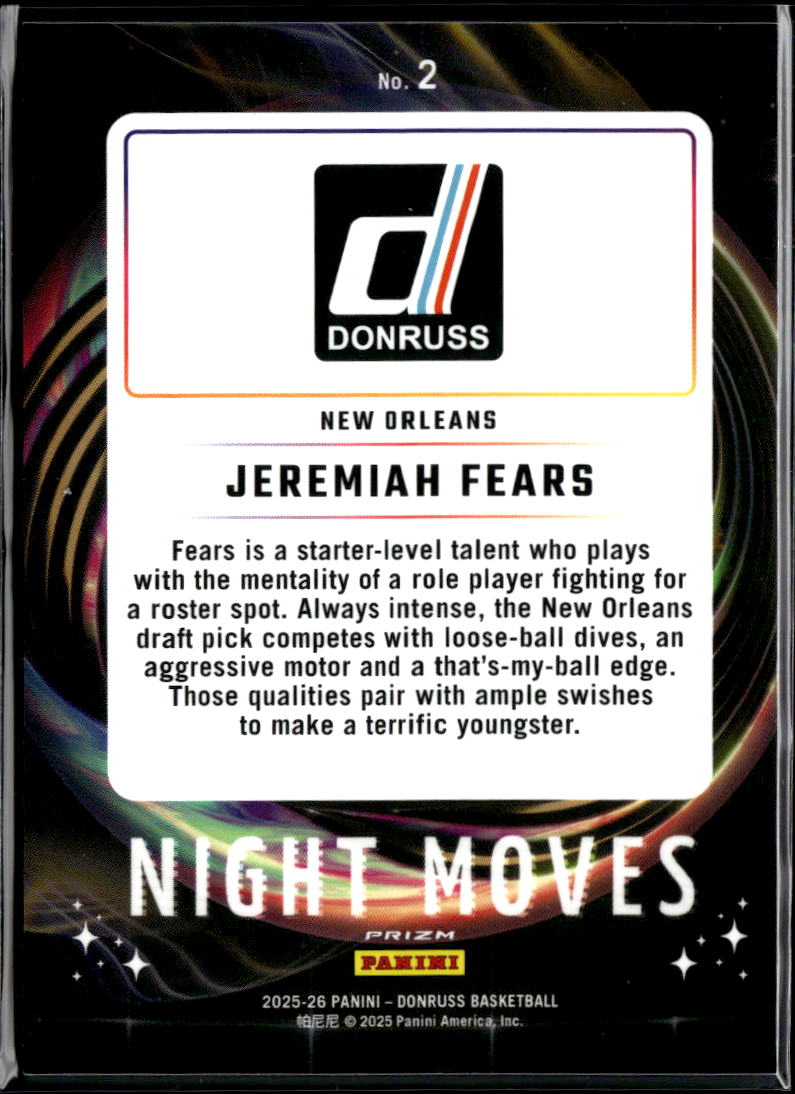Jeremiah Fears 2025 Donruss Night Moves SSP CASE HIT RC New Orleans Pelicans