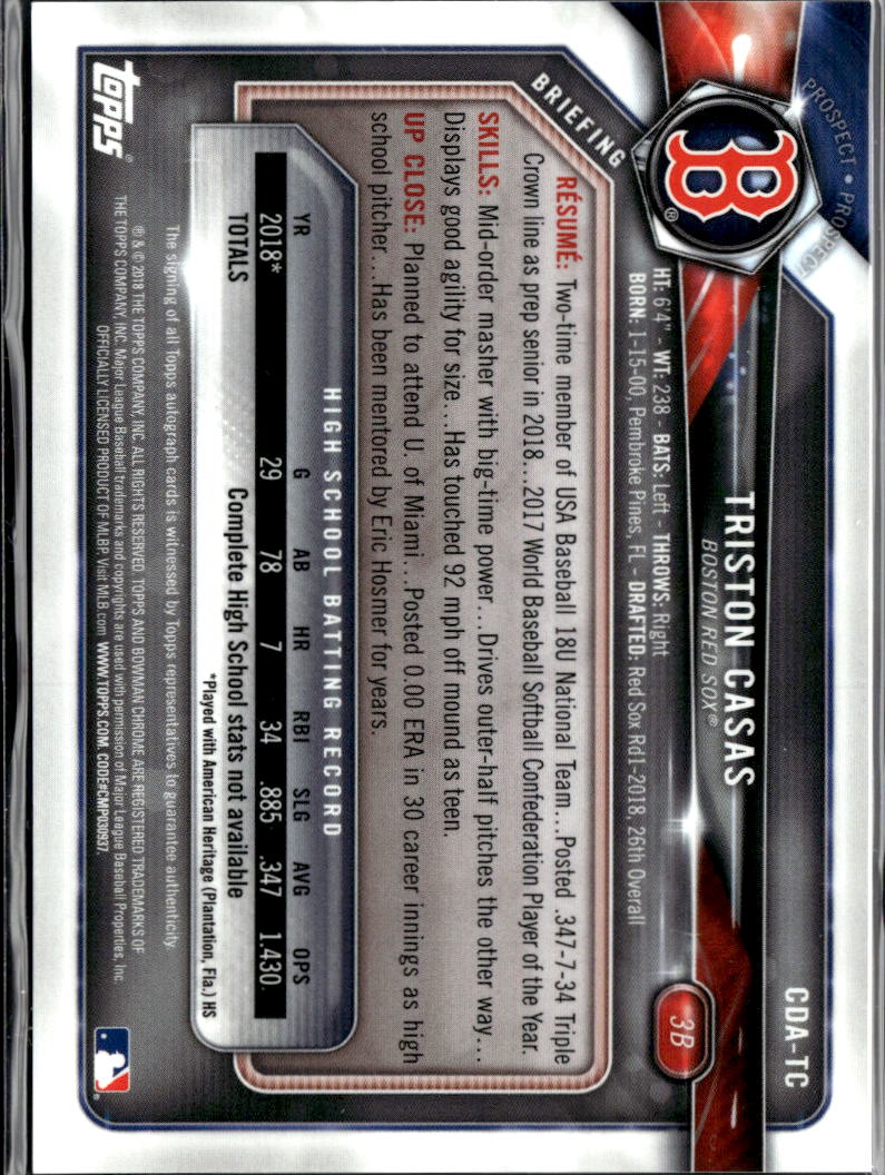 Triston Casas 2018 Bowman Chrome 1st Auto Autograph RC Boston Red Sox