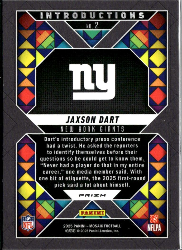 Jaxson Dart 2025 Mosaic Disco Prizm Introductions Rookie RC New York Giants