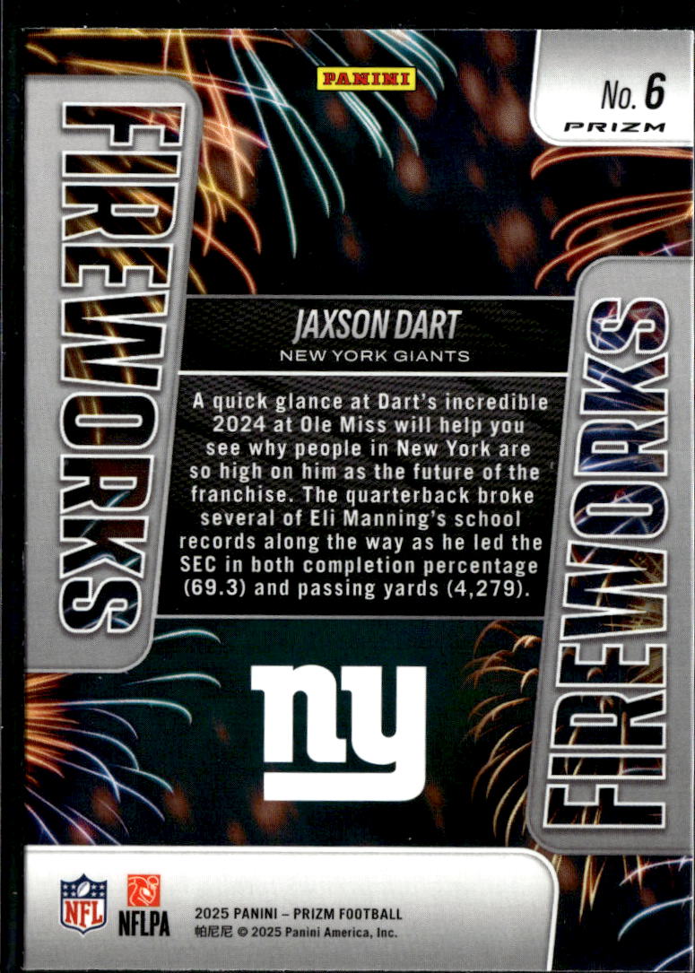Jaxson Dart 2025 Prizm Fireworks Green Ice Prizm Rookie RC New York Giants