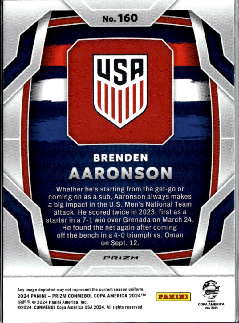 Brenden Aaronson 2024 Prizm Copa America RC Tiger Stripe Prizm SSP United States