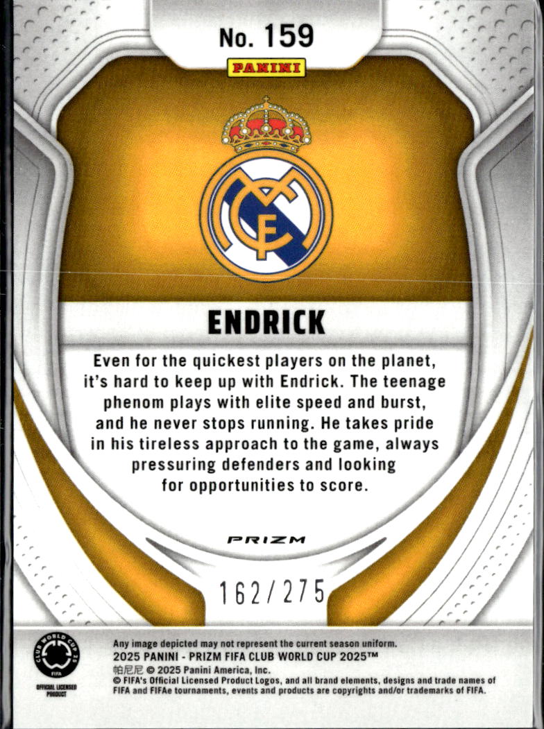 Endrick 2025 Panini Prizm FIFA Club World Cup Blue Prizm 162/275 Real Madrid