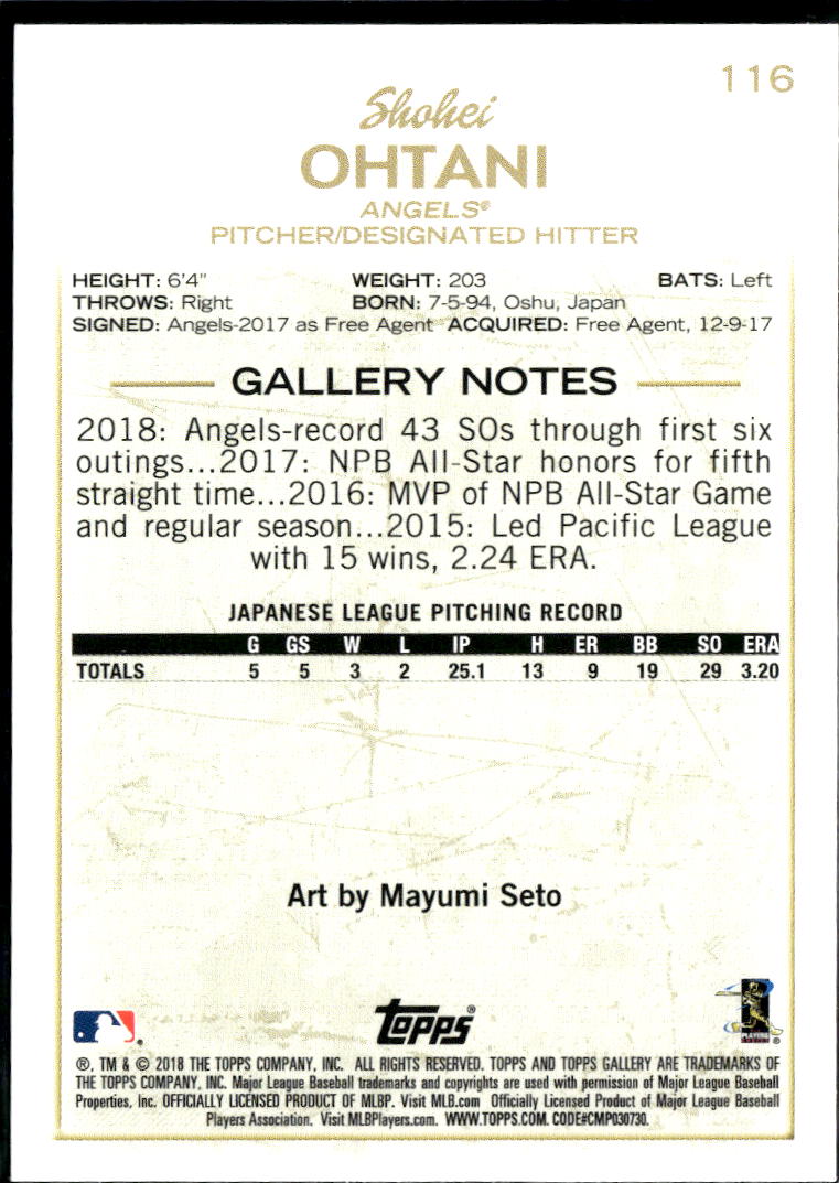 Shohei Ohtani 2018 Topps Gallery Rookie Card RC #116 Los Angeles Angels